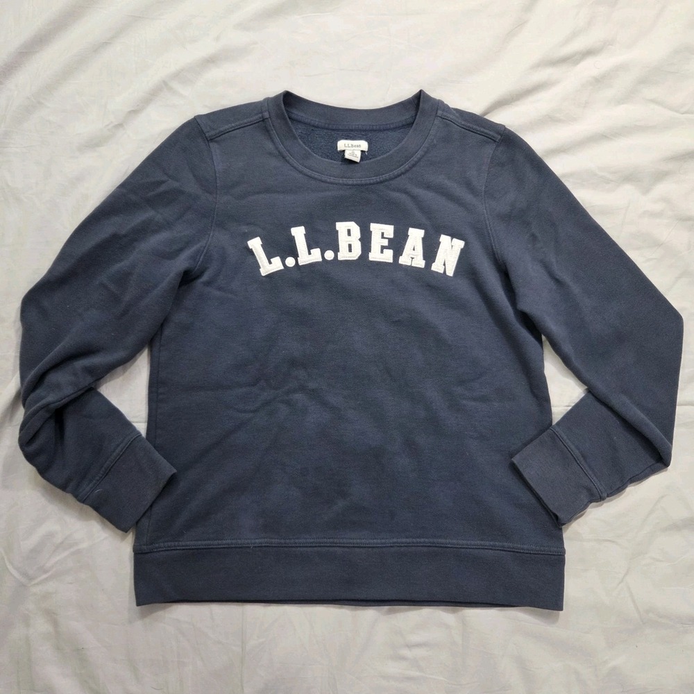 LL Bean Womens Cotton Blend Sz S Logo Blue Crew Neck Sweatshirt Preppy Pullover‎
